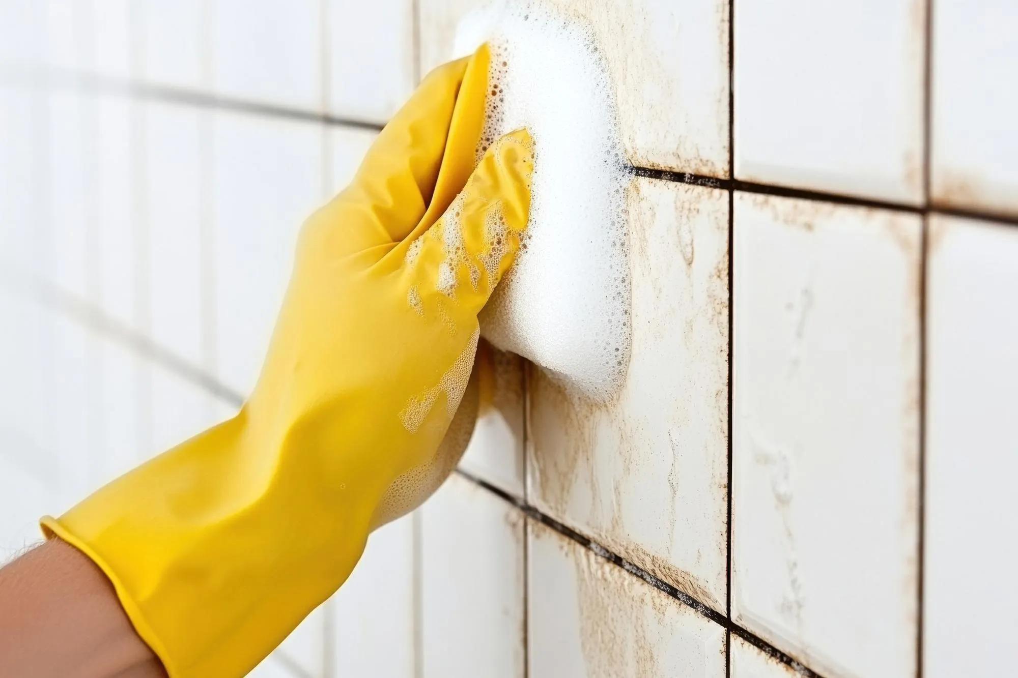DITA Pro Clean cleaner scrubbing stained tile grout with a sponge during a deep clean in a Troy home